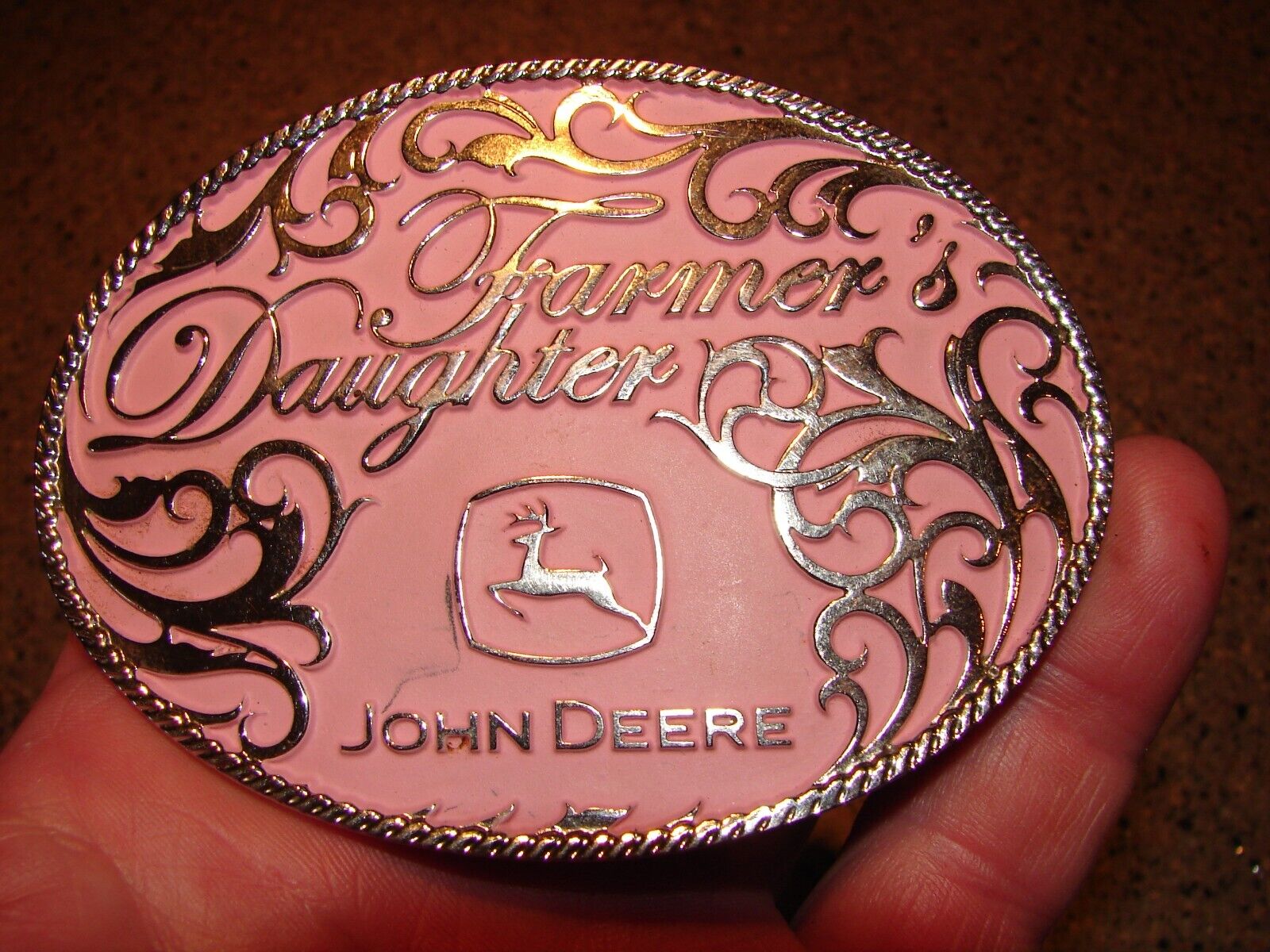 Vintage John Deere Farmer\'s Daughter Pink Belt Buckle Montana Silversmiths Nice