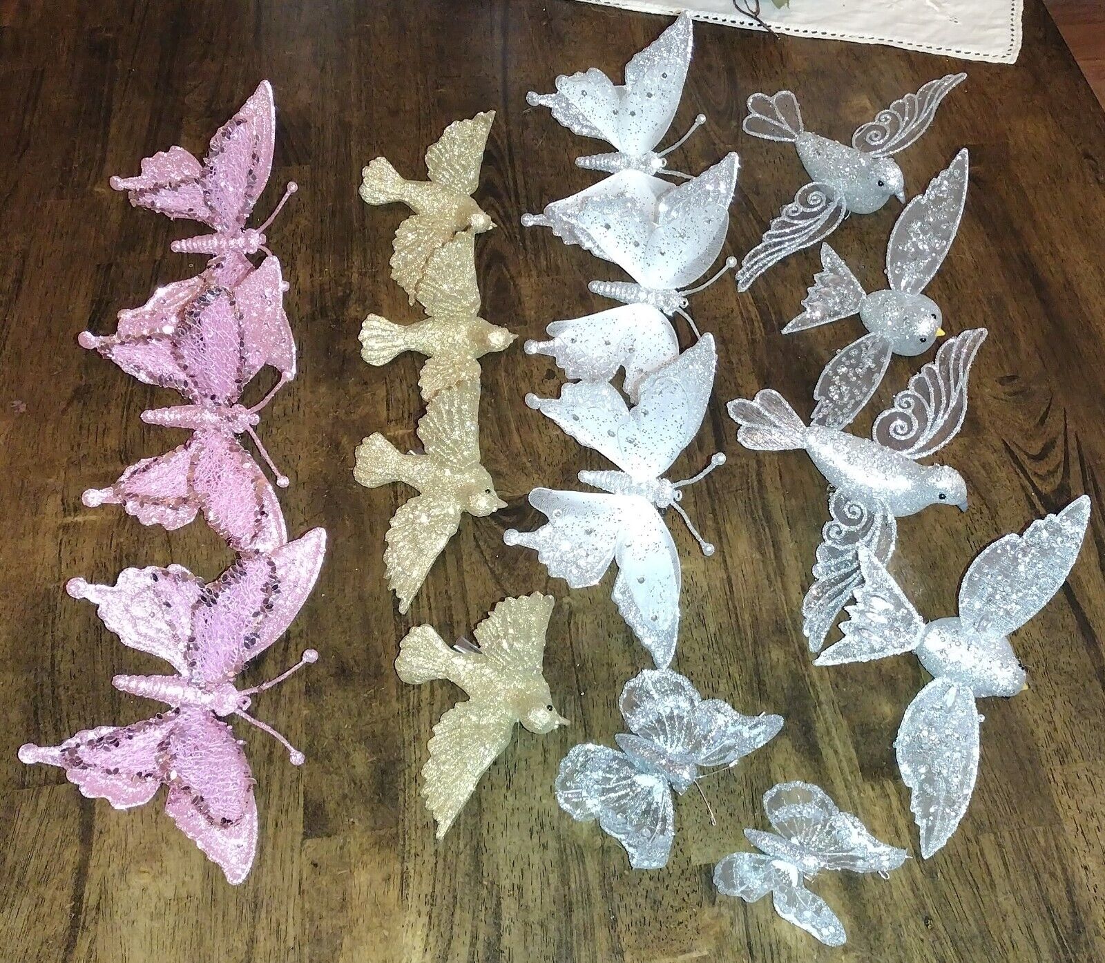 Christmas Tree Ornaments Butterfly & Bird  16pc Lot Pink White Gold Silver