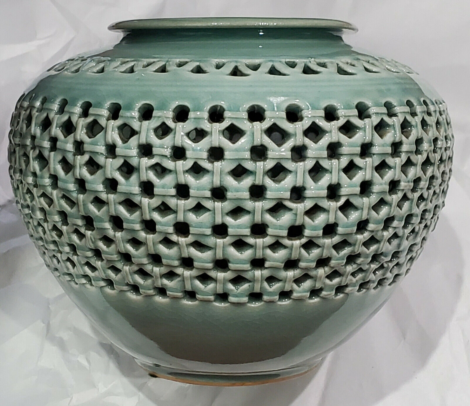 Antique Vintage Korean Glazed Double Walled Reticulated Large Vase Signed