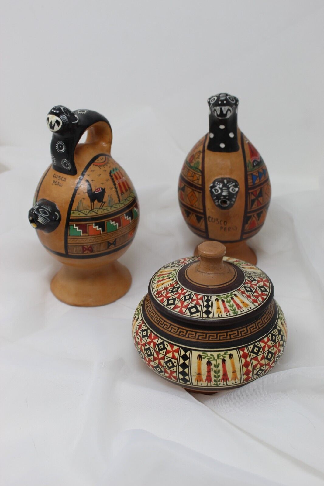 Vintage Art Clay Peru incense burners dish with lid handmade  lot of 3 