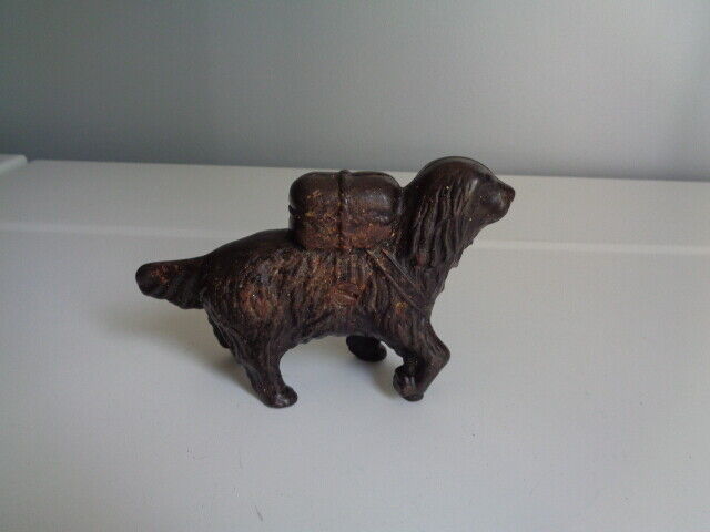 Antique/Vintage St Bernard Dog Cast Iron Coin Bank with Rescue Back Pack