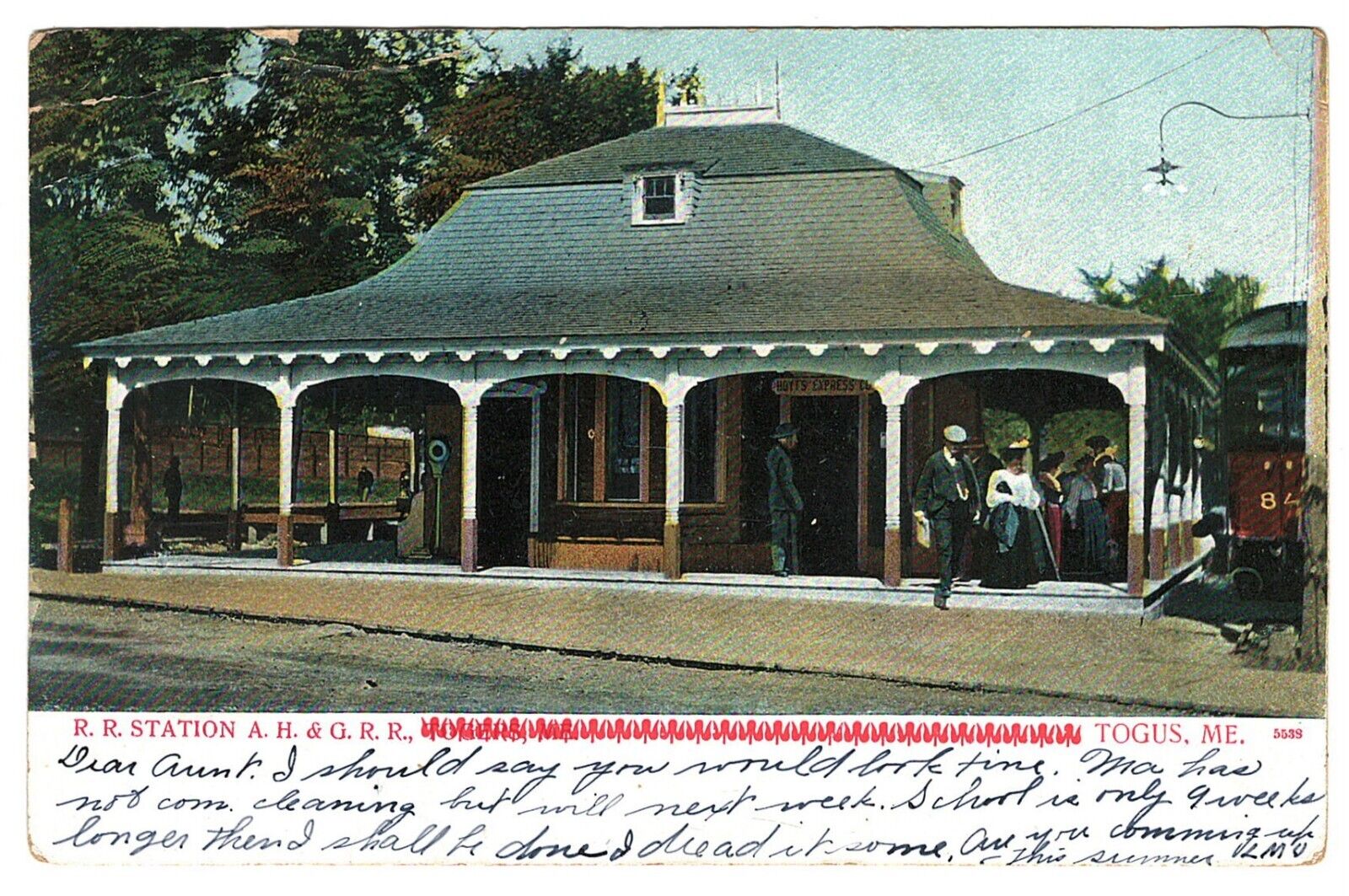 Postcard Augusta Hallowell & Gardiner Railroad Train Station Togus Maine 1906