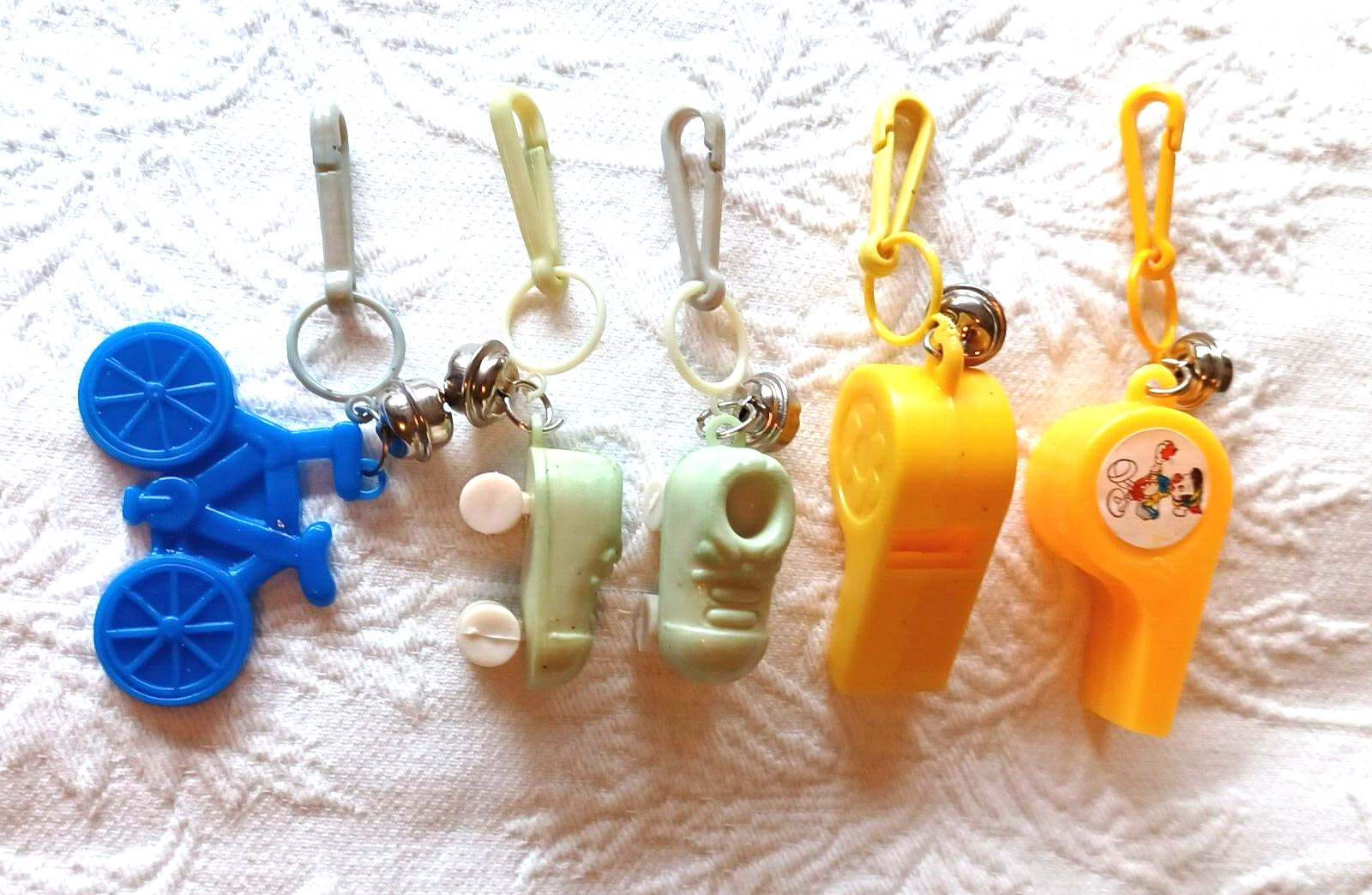 Vintage 80's Plastic Bell Charms W/Clips Roller Skates Working Whistles Bicycle