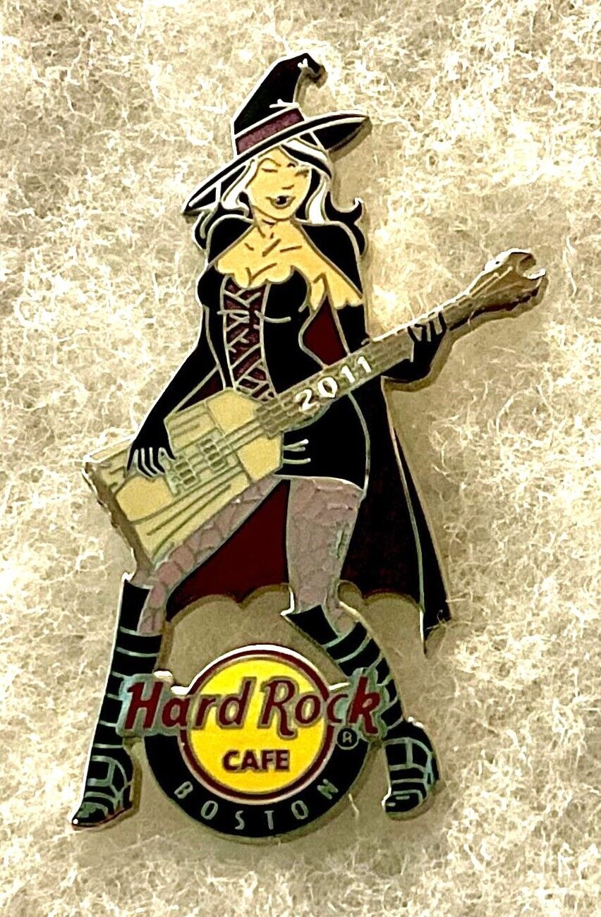 HARD ROCK CAFE BOSTON SEXY WITCH GIRL IN BLACK & PURPLE BROOM GUITAR PIN # 62556