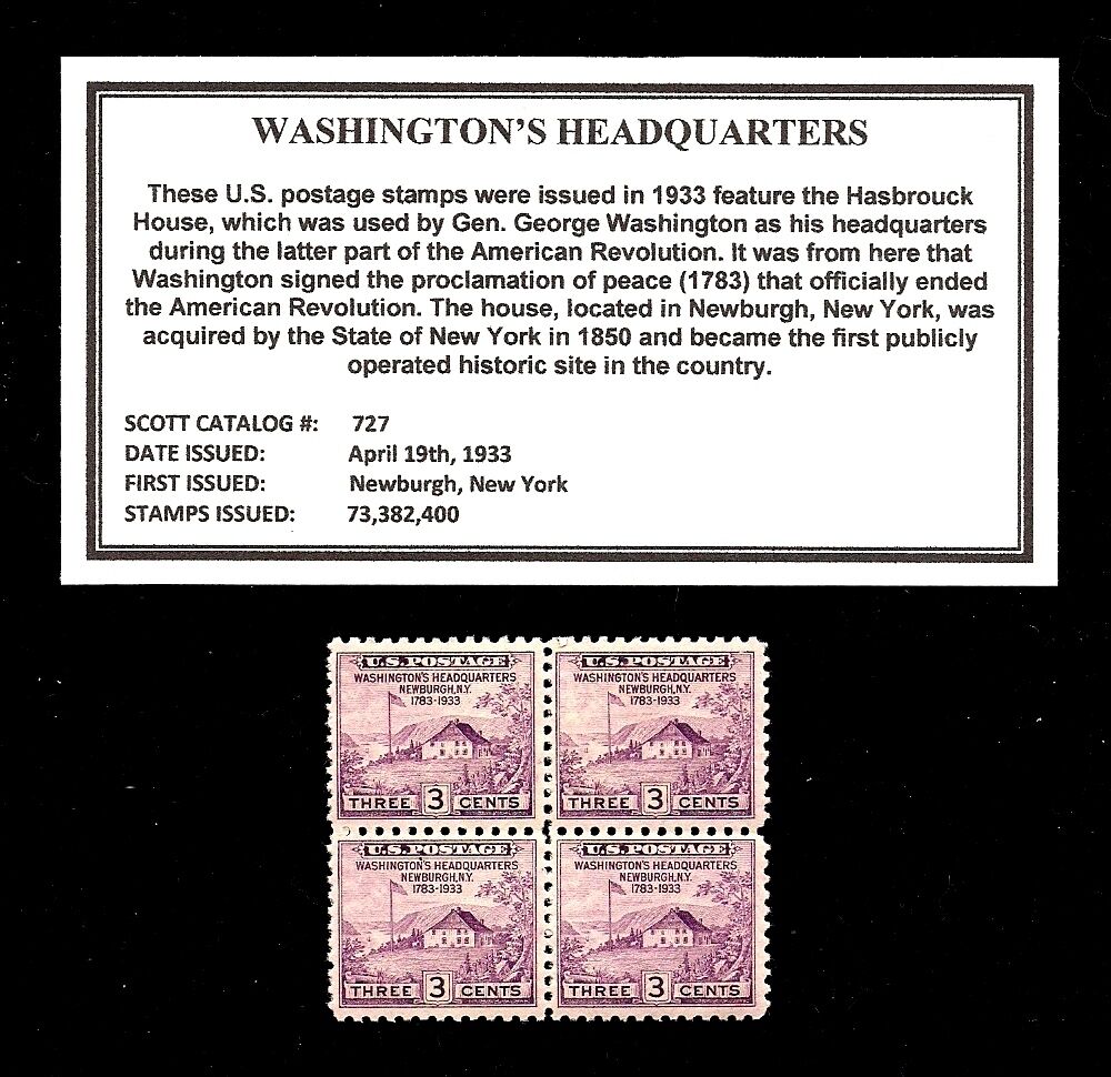 1933 - WASHINGTON'S HDQ - # 727 - Vintage Mint, MNH, Block of Postage Stamps