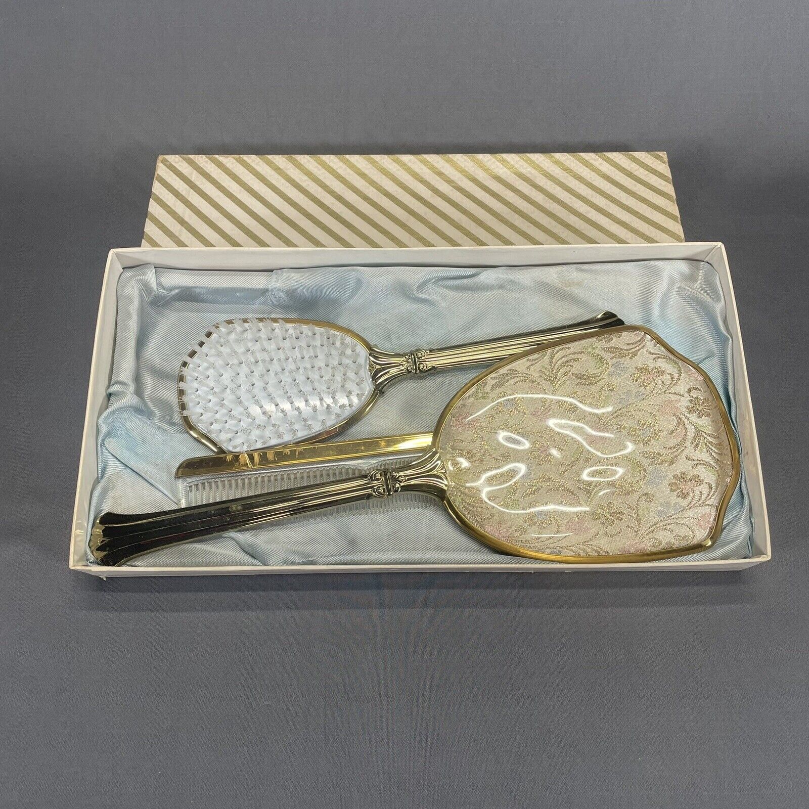 Vintage Ausco Hair Brush Vanity Set Floral Design Brush Mirror Comb Original Box