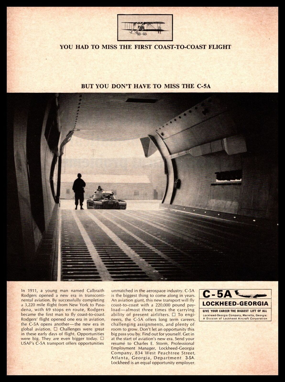 1966 Lockheed Georgia C-5A Transport Cargo Plane U. S. Army Tank Photo Print Ad