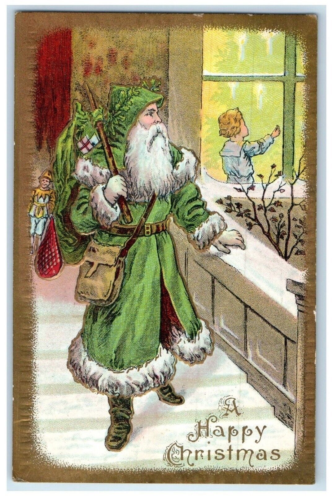 c1910\'s Christmas Santa Claus Green Robe Sack Of Toys Embossed Antique Postcard