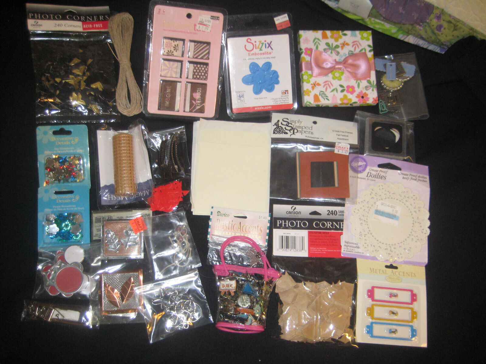 Large Assorted Scrapbook Lot 20+ Embellishments, Picture corners, Metal tags