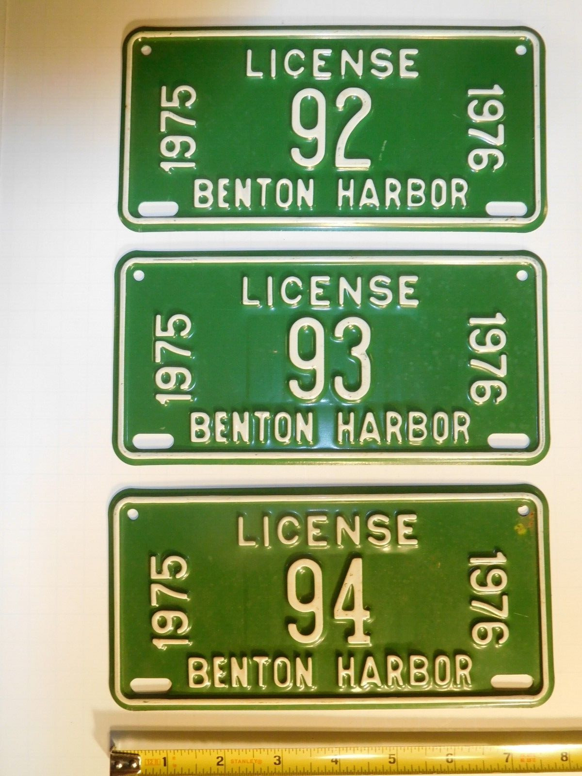 3 Rare Vintage 1975-76 Benton Harbor, MI Embossed Metal mini License Plates