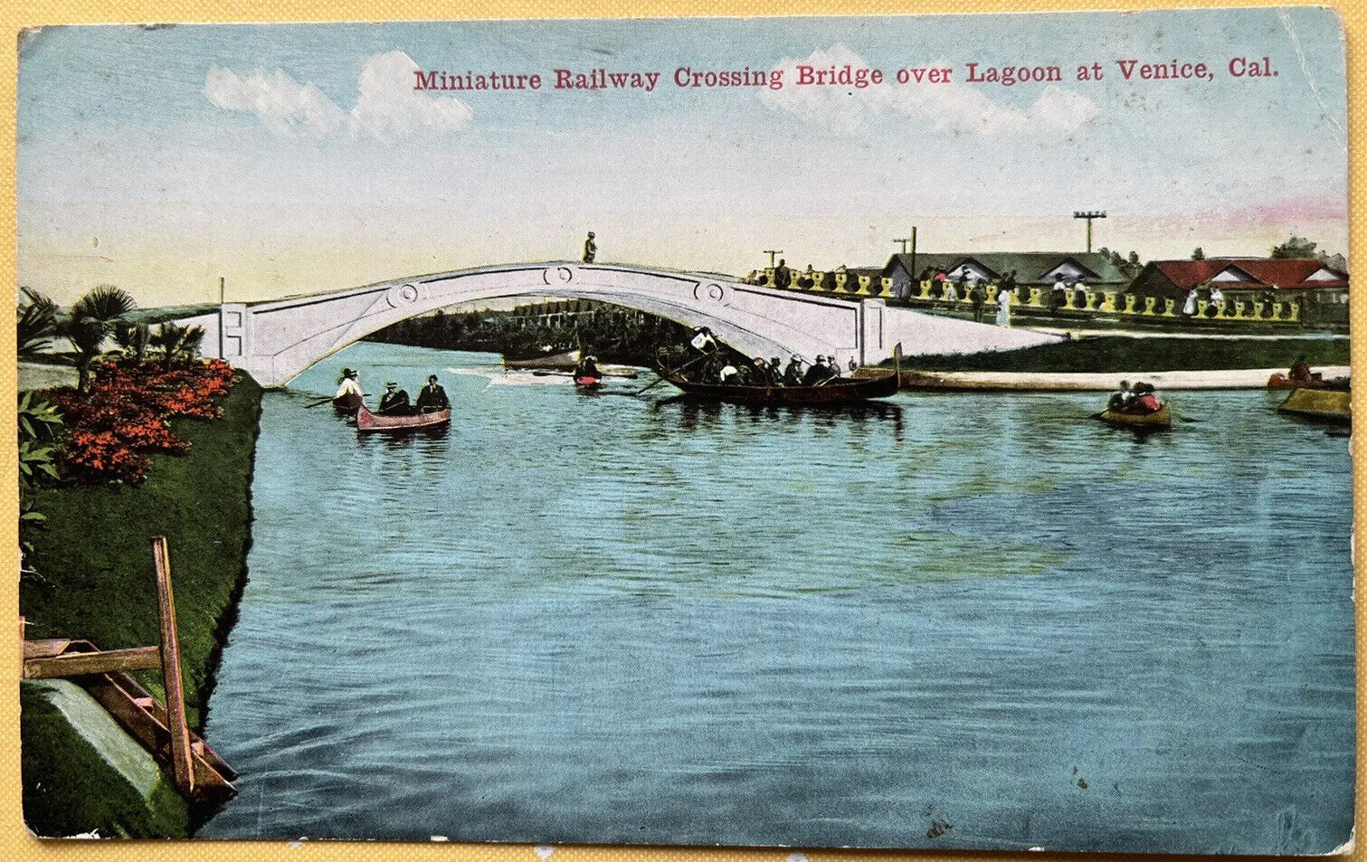 Venice California c1910 Lagoon Railway Bridge People Canoes Vintage Postcard