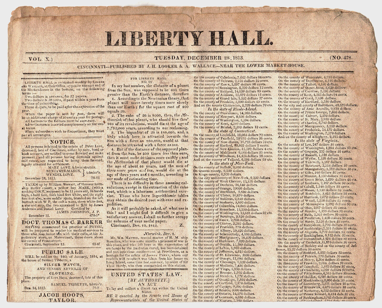 Liberty Hall newspaper, December 28, 1813, Volume X, No. 478, Cincinnati, OH