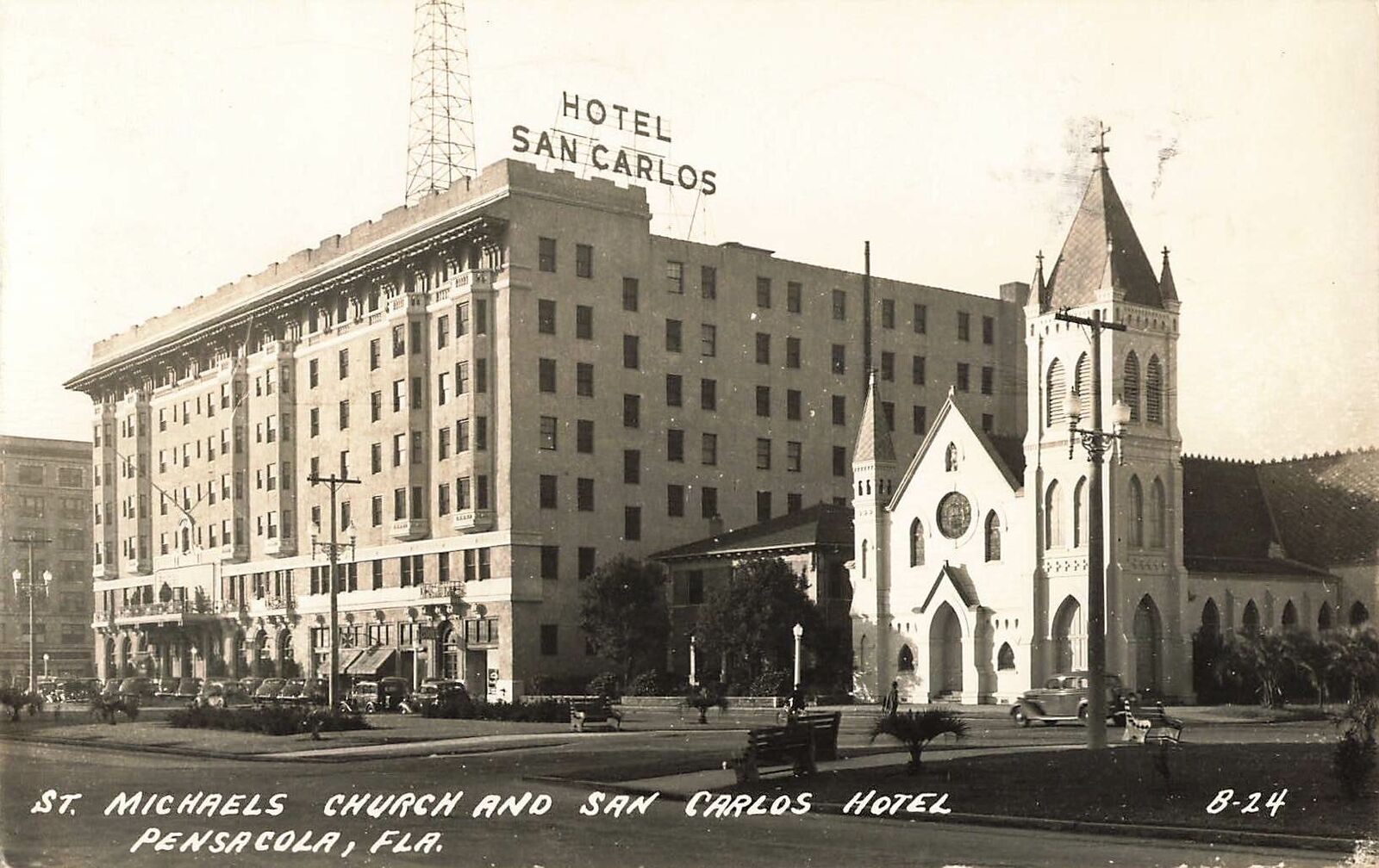 Vintage 1947 RPPC Postcard St Michaels Church, San Carlos Hotel Pensacola real