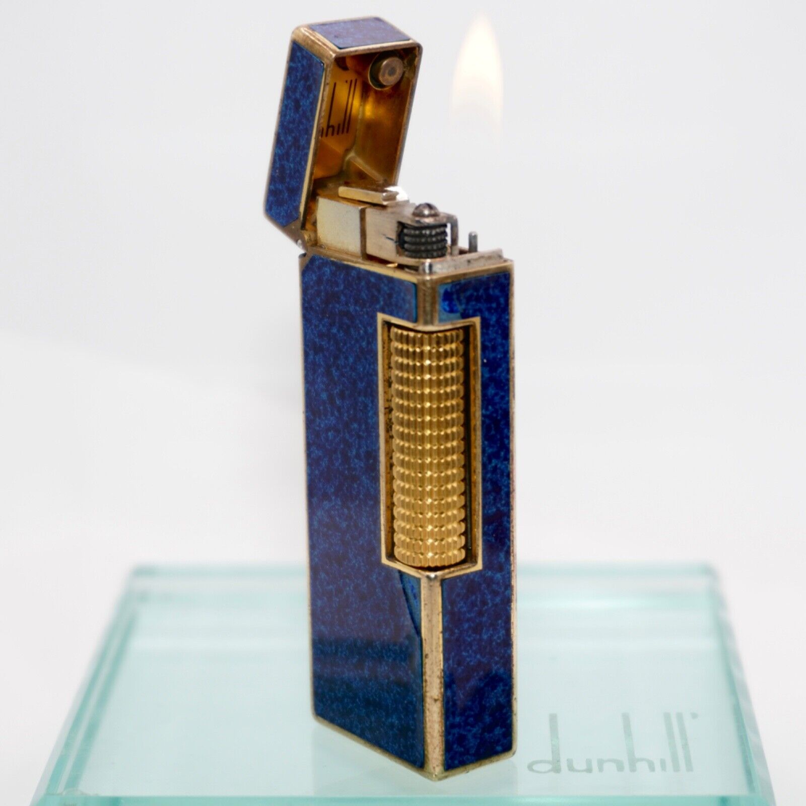 Rare Dunhill Vintage Rollagas Lighter Gold/Blue Ultrasonically Cleaned_WORKING_B