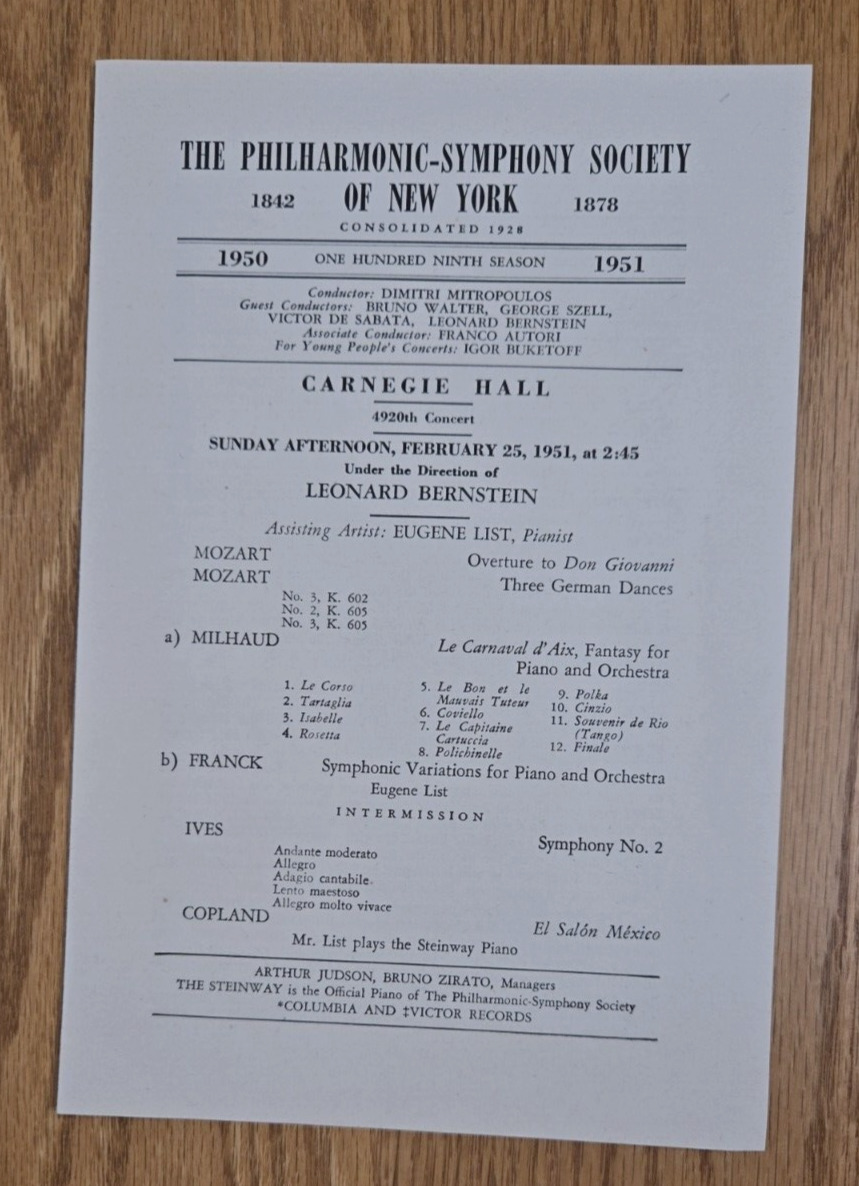 Concert program Carnegie Hall Feb 25 1951 Eugene List pianist NY Philharmonic