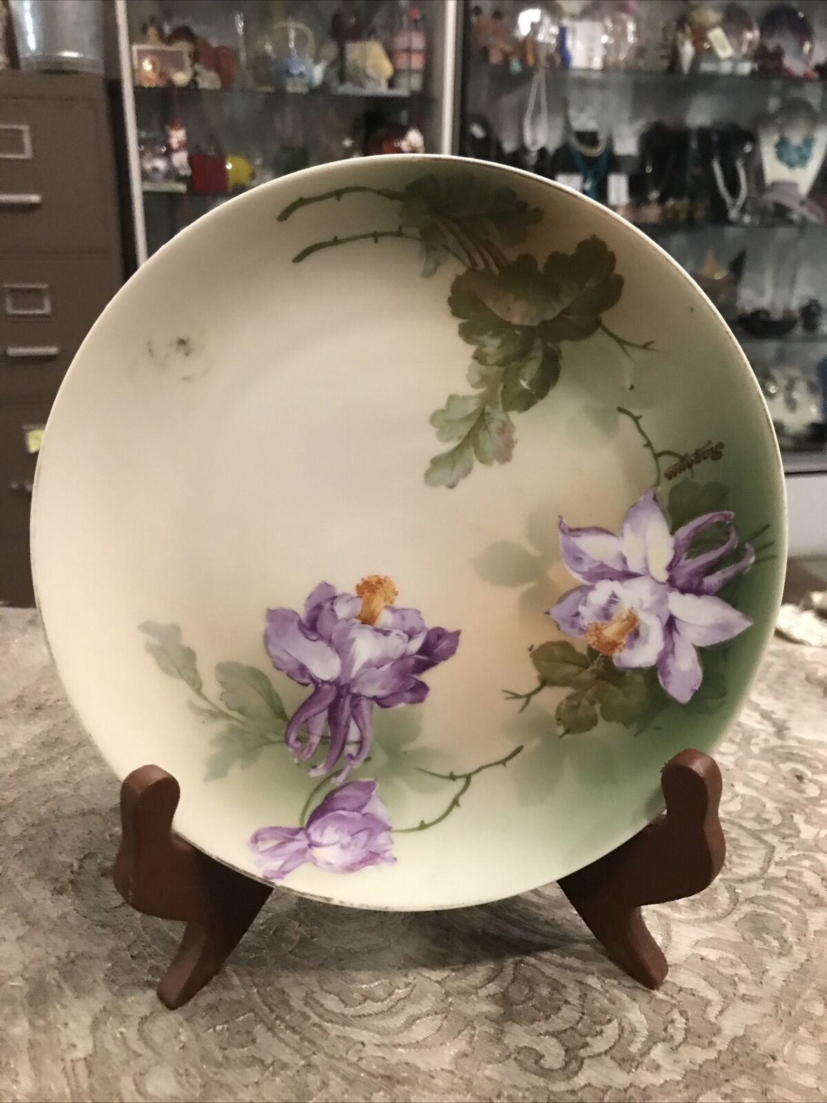 Vintage Antique Purple Floral Flower Hand Painted Wall Art Plate 8”