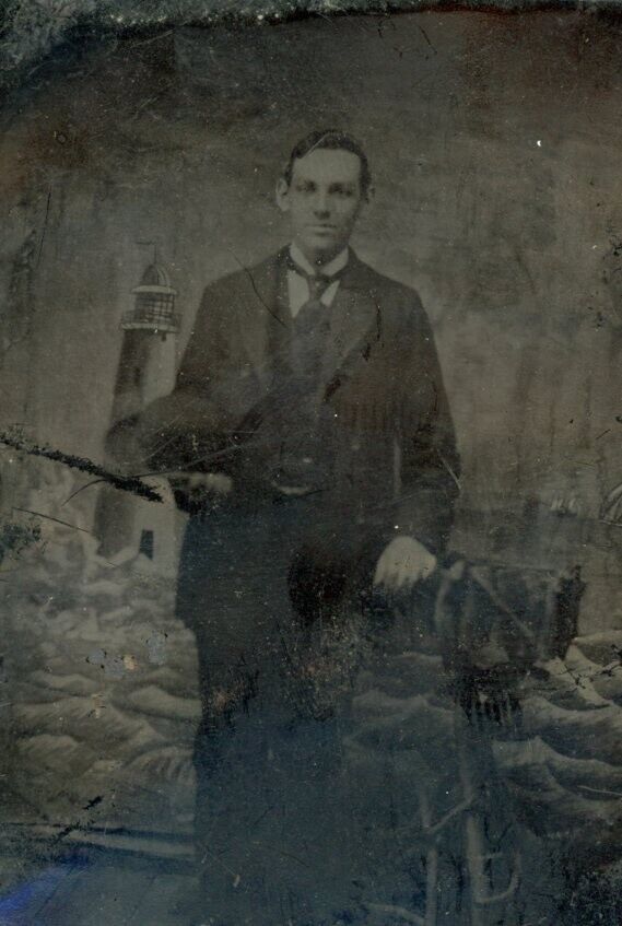 ca 1870s Tintype Handsome Man Studio Prop Scene Lighthouse Stiff Rimmed Hat