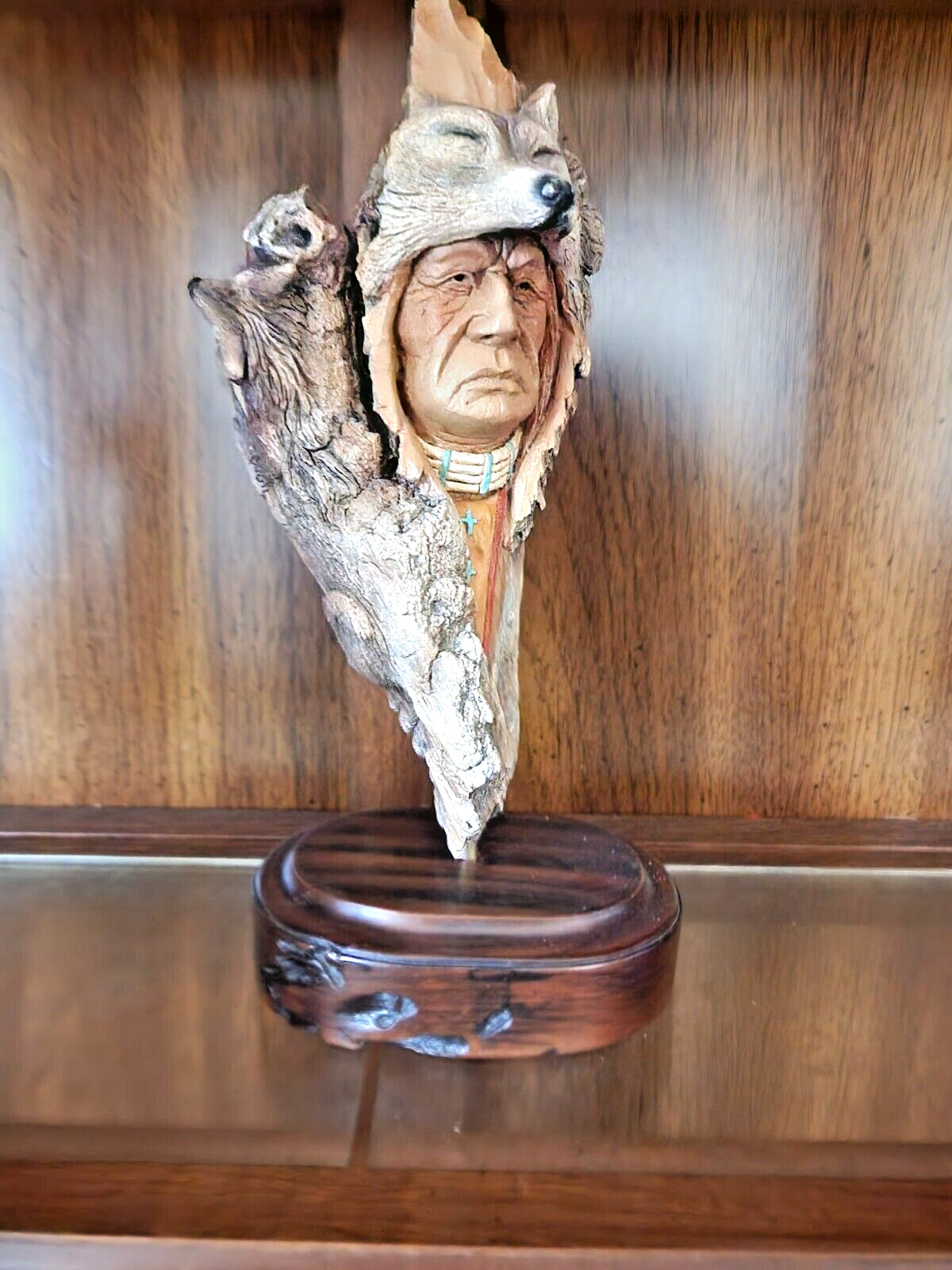 🦅Native American Indian-Lone Wolf 1990 Signed Limited Edition Carved Resin/Wood