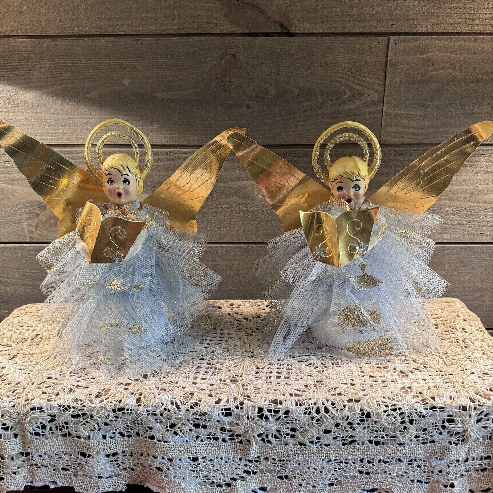 Vintage Angels tulle celluloid rare Set Of 2