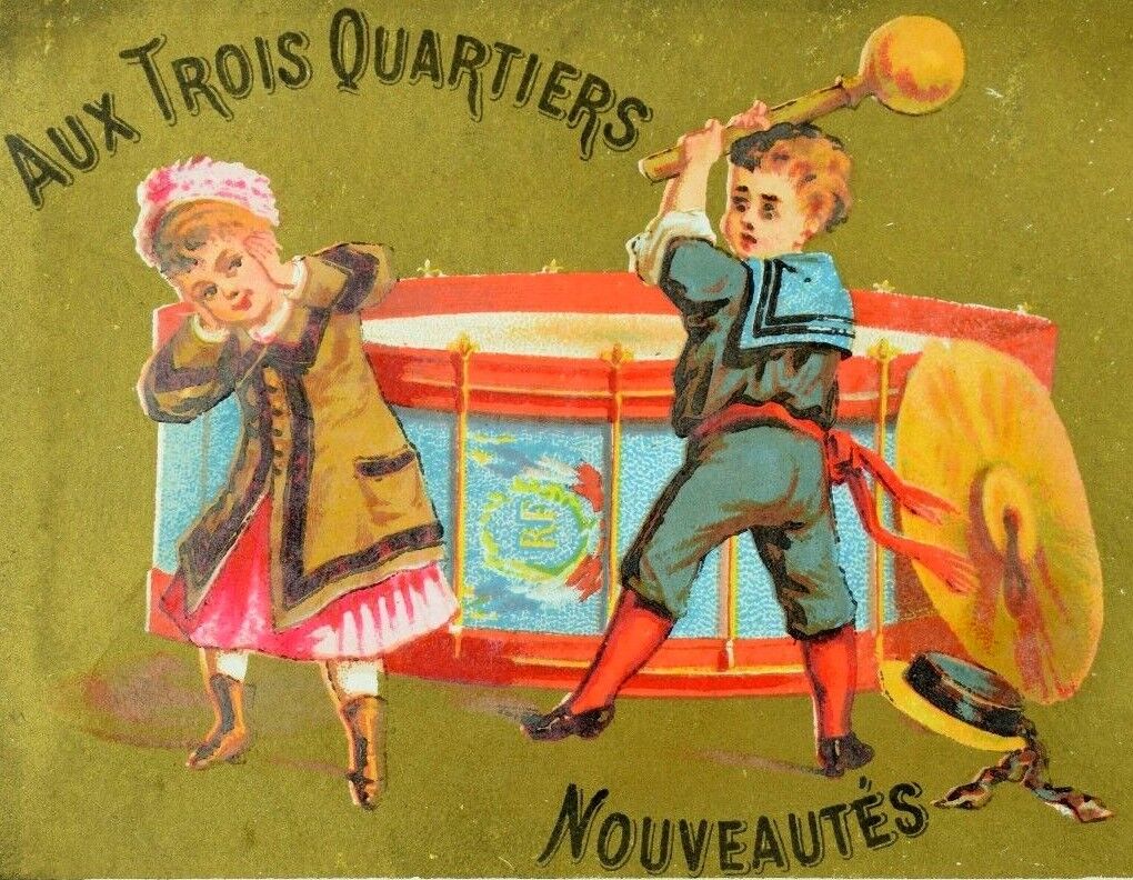 1870\'s-80\'s Kids Giant Drum Aux Trois Quartiers Paris, Victorian Trade Card F86