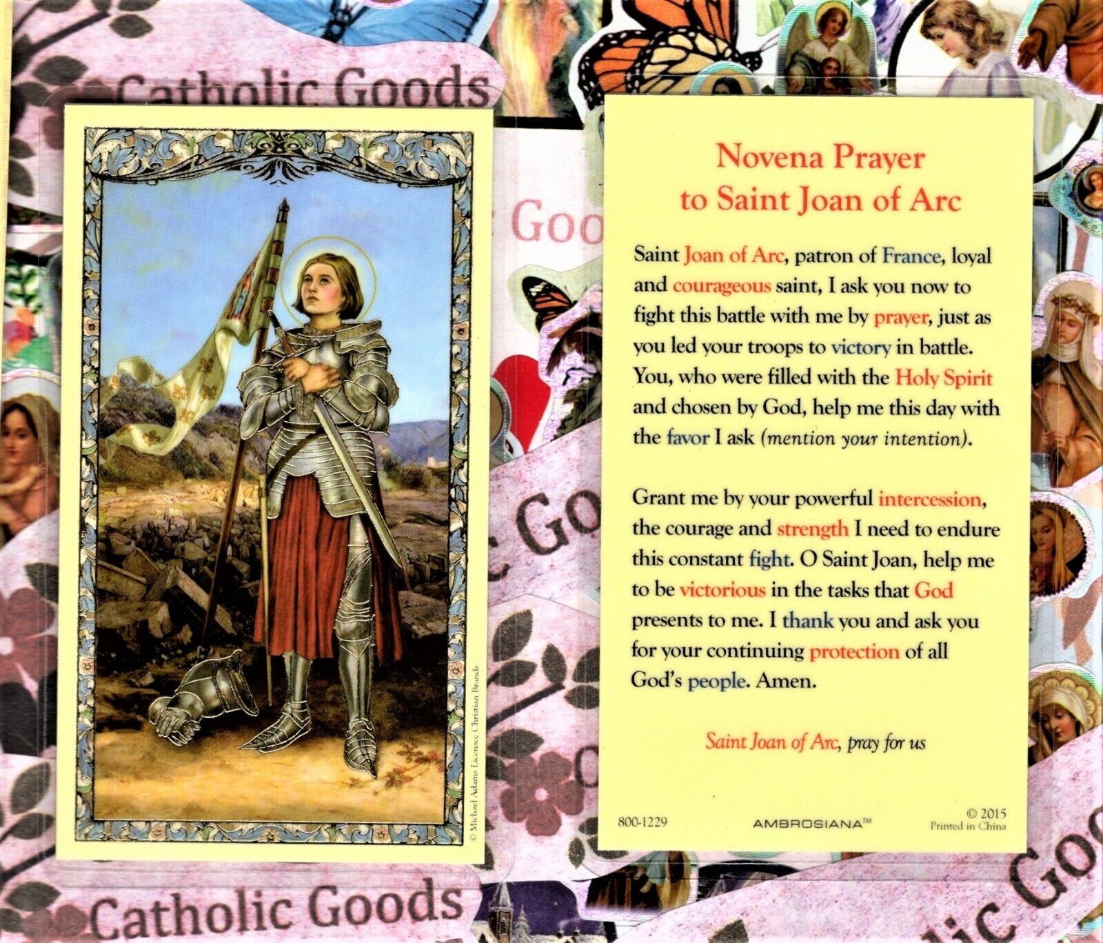 Saint St. Joan of Arc with Novena to St. Joan - Laminated Holy Card 800-1229