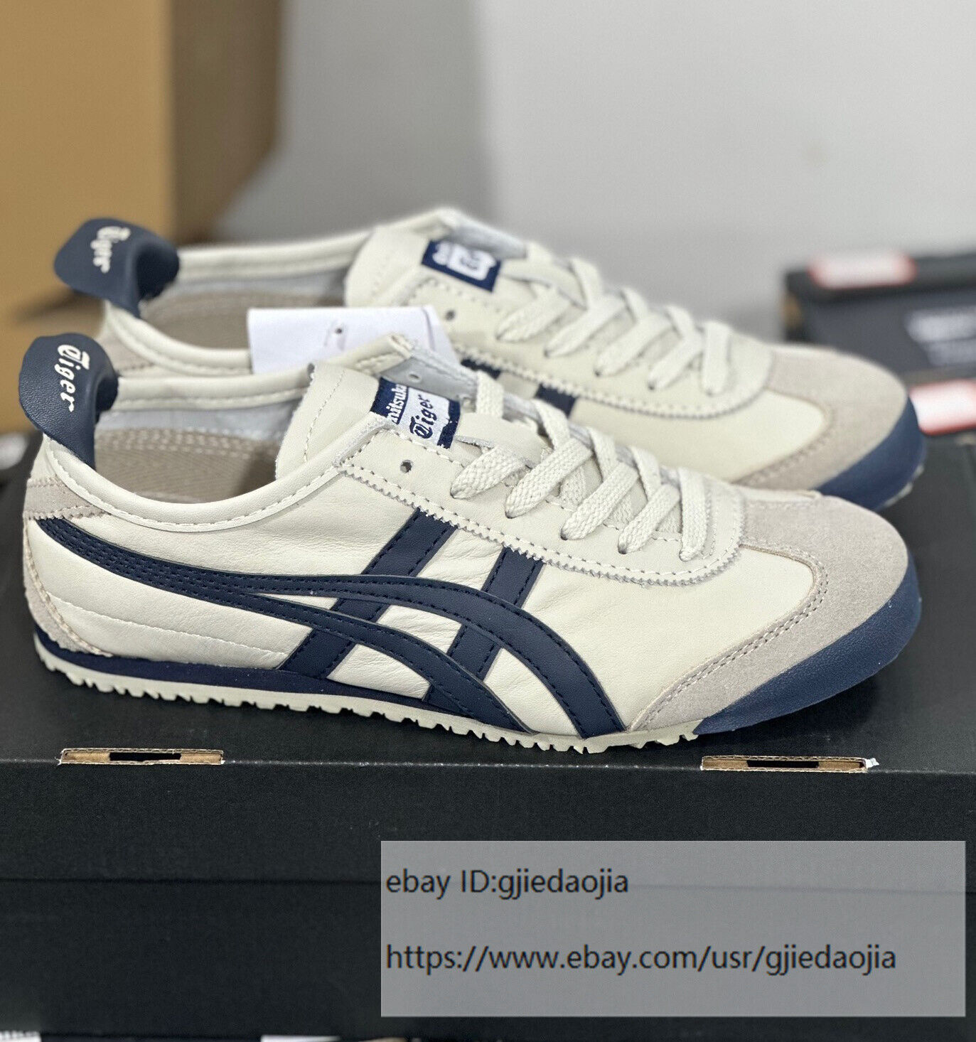 Onitsuka Tiger MEXICO 66 DL408-1659 Beige Navy Blue Unisex Classic Sneakers