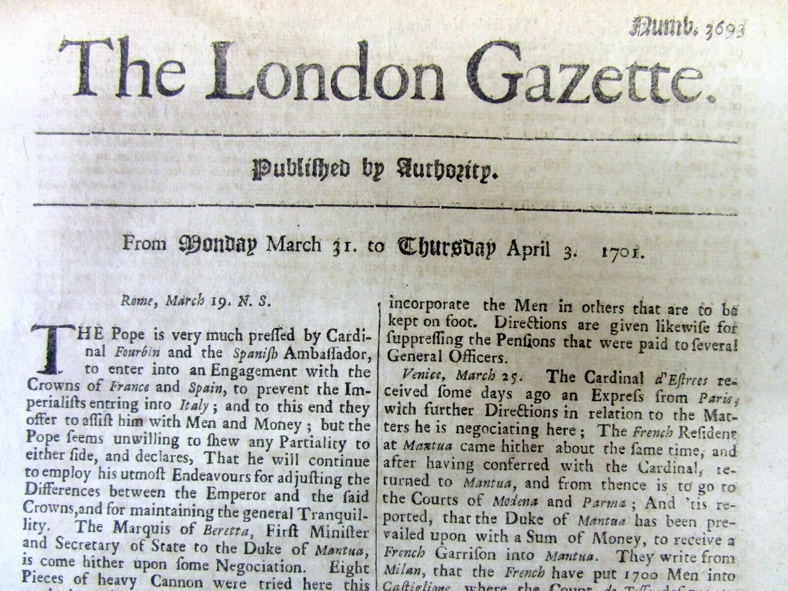 Orignl 1701 London Gazette newspaper 1st English language newspaper 300 + yr old