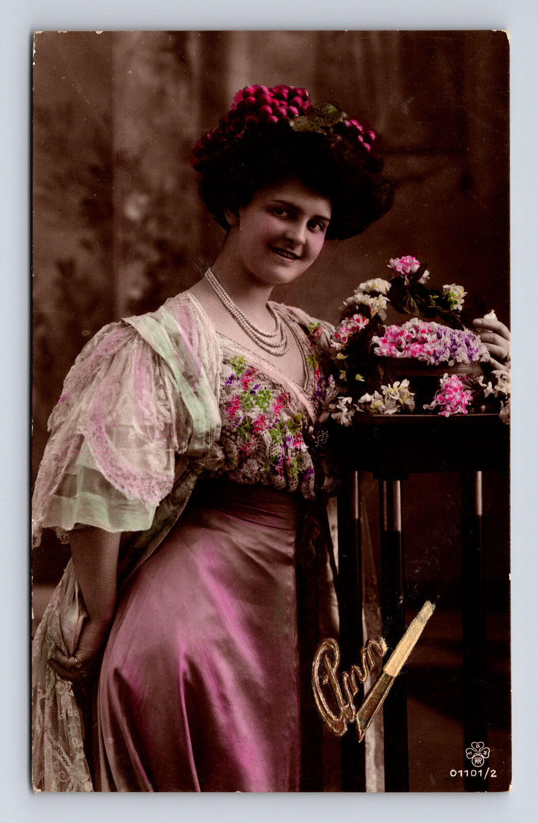 c1919 RPPC Hand Colored Rubenesque Woman Flowers Brussels SBW Postcard