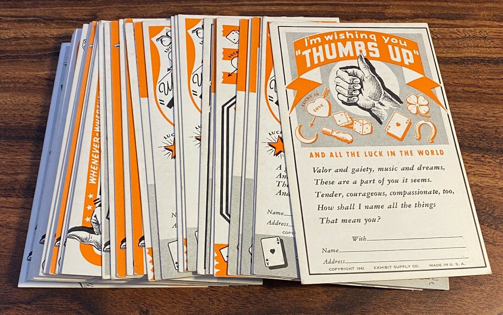 1942 Exhibit Supply Co Thumbs Up Good Luck Postcard Set 32 VGEX - EX Avg 3028
