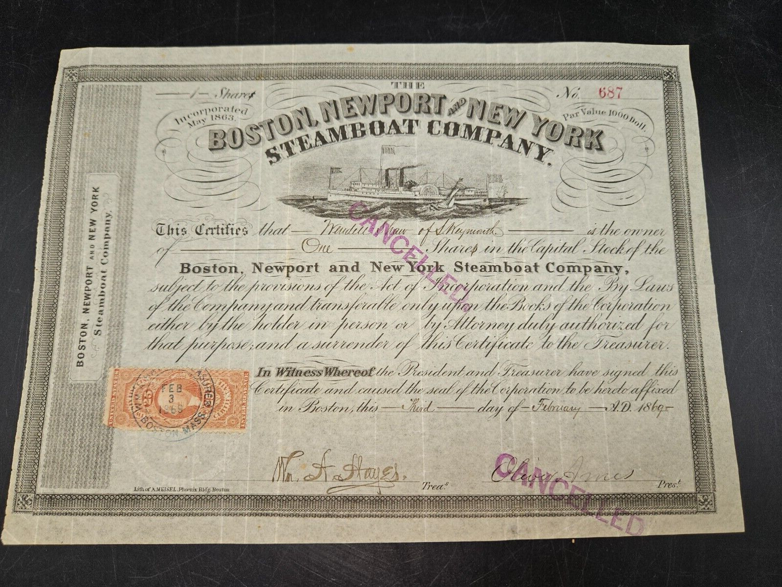 Boston, Newport & New York Steamboat Co. Signed Oliver Ames - Stock 1869