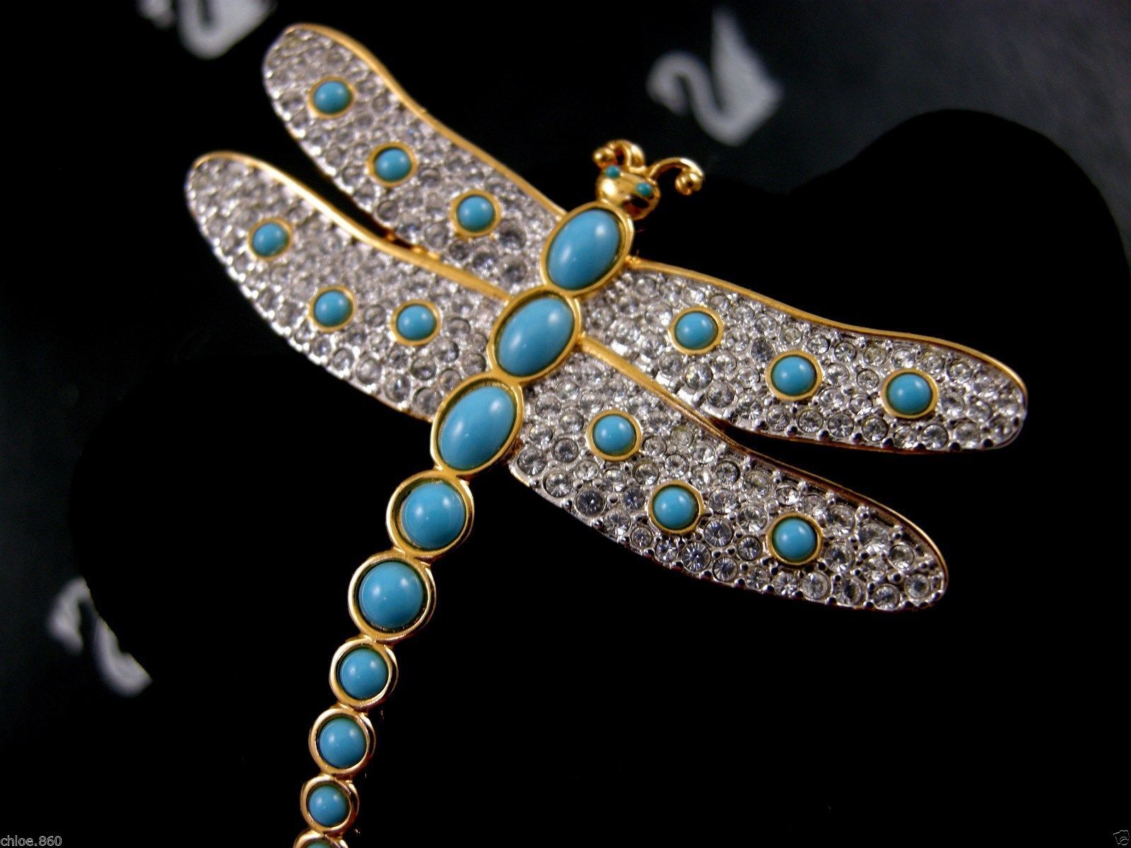 AUTHENTIC RARE RETIRED TURQUOISE CRYSTAL DRAGONFLY PIN ~ BROOCH NEW IN BOX