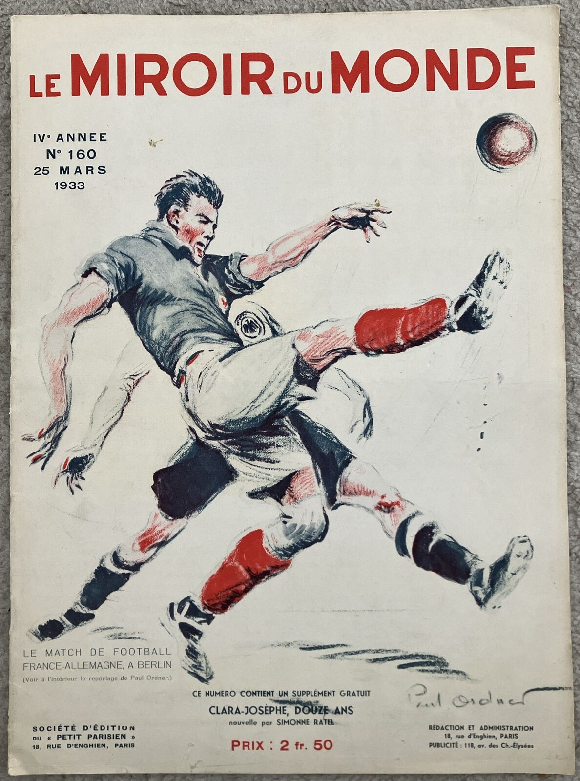 1933 Le Miroir du Monde -Germany v France Football - Roosevelt/Mussolini 25/3/33