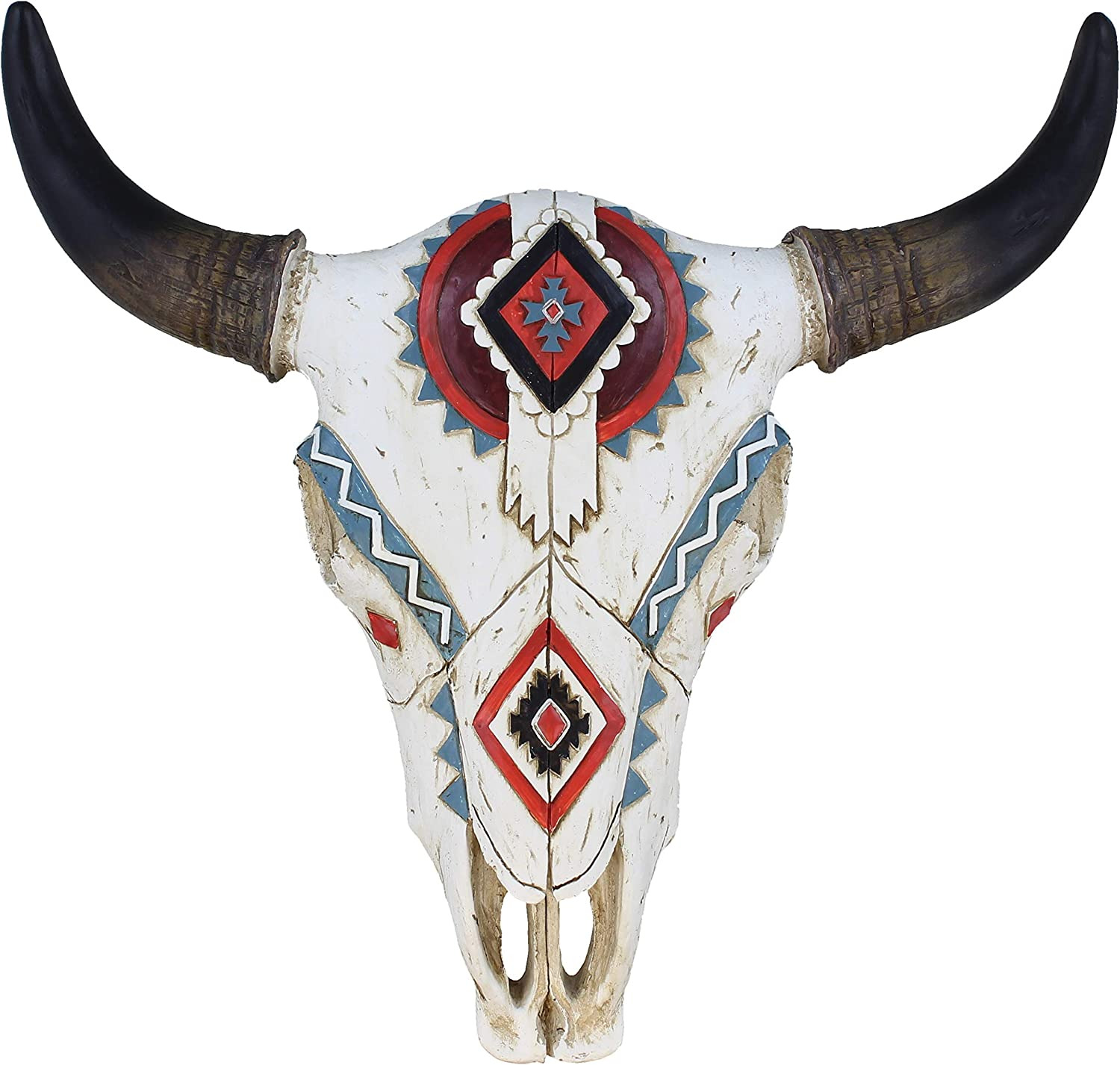 Tribal Design Carved Painted Steer Bull Cow Skull - Wall Mount Head - Rustic Wes