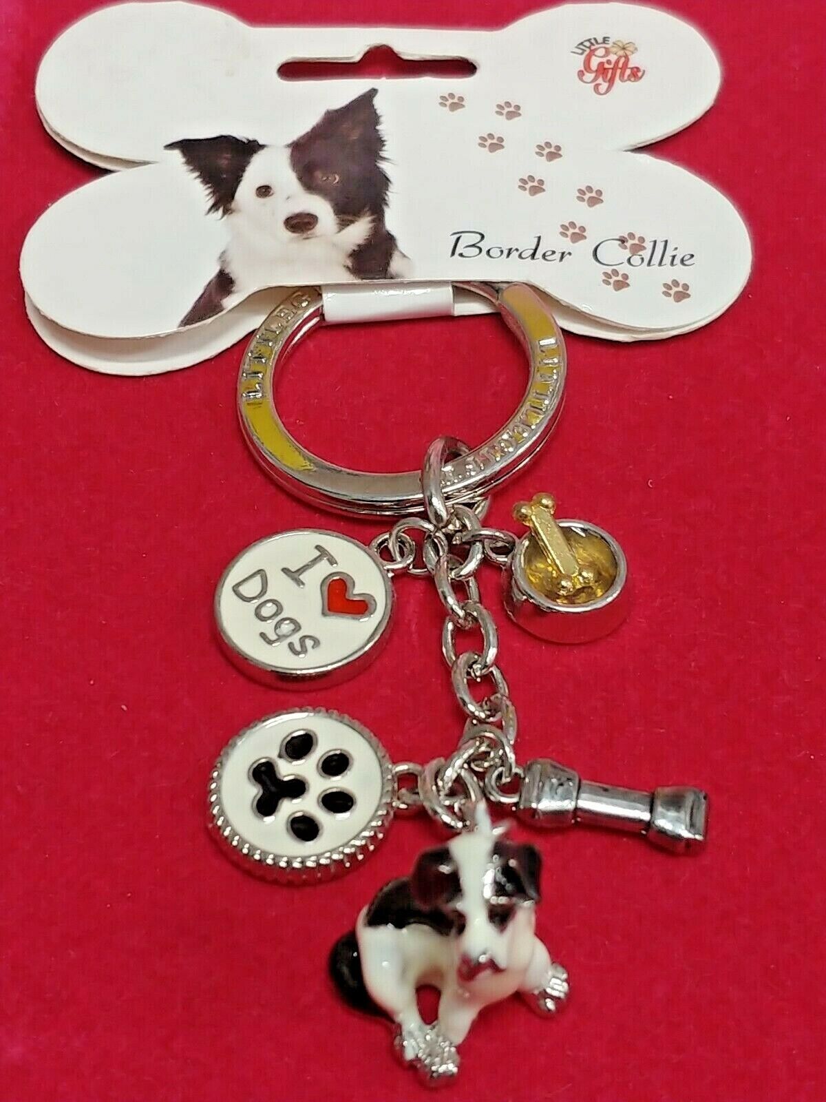 Little Gifts Border Collie Dog Breed Figurine Keychain W/ Charms Pewter Enamel 