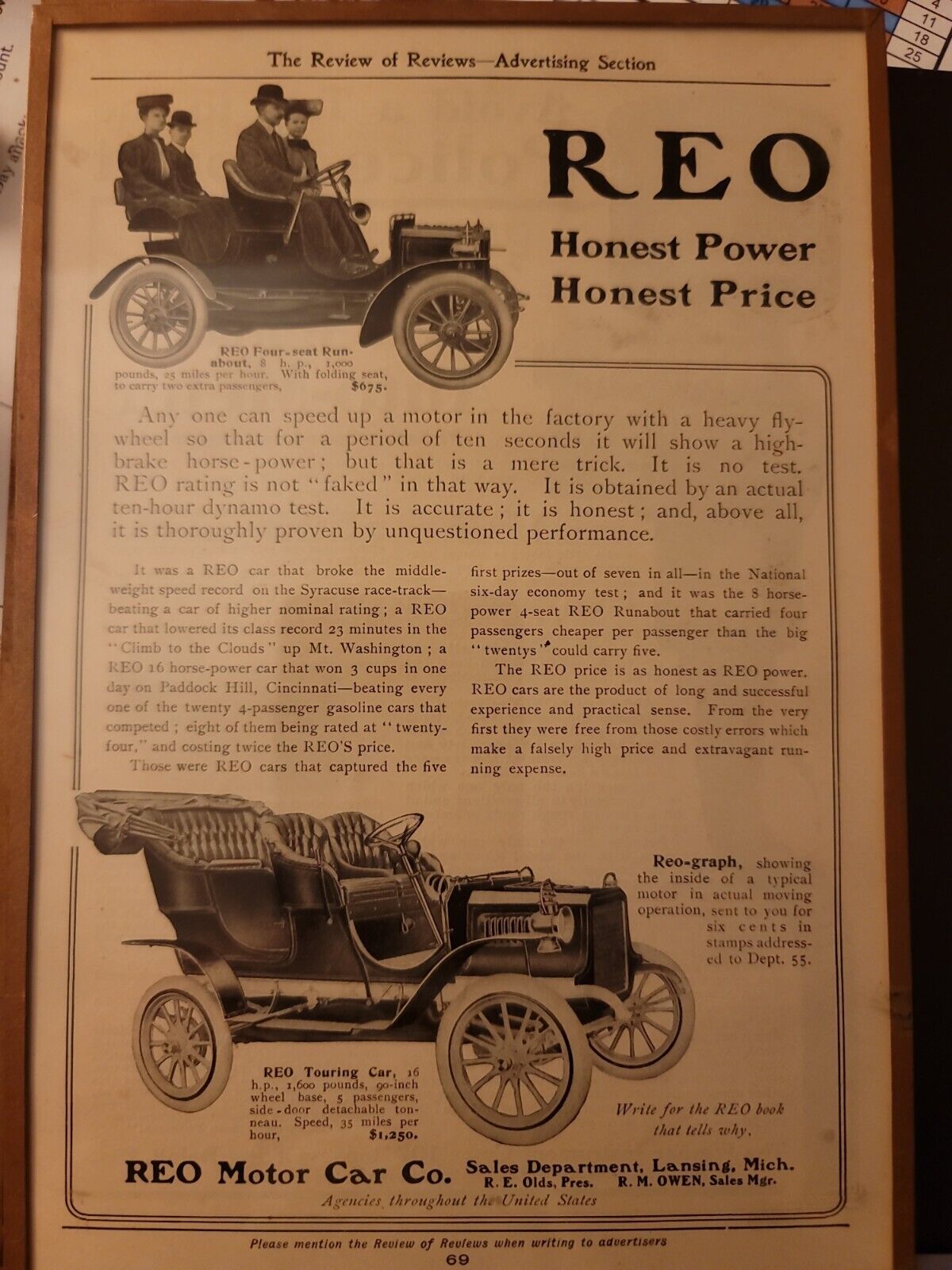 Harvey’s Wallhangers Early 1900s Detroit REO MOTOR CAR COMPANY Advertisement  