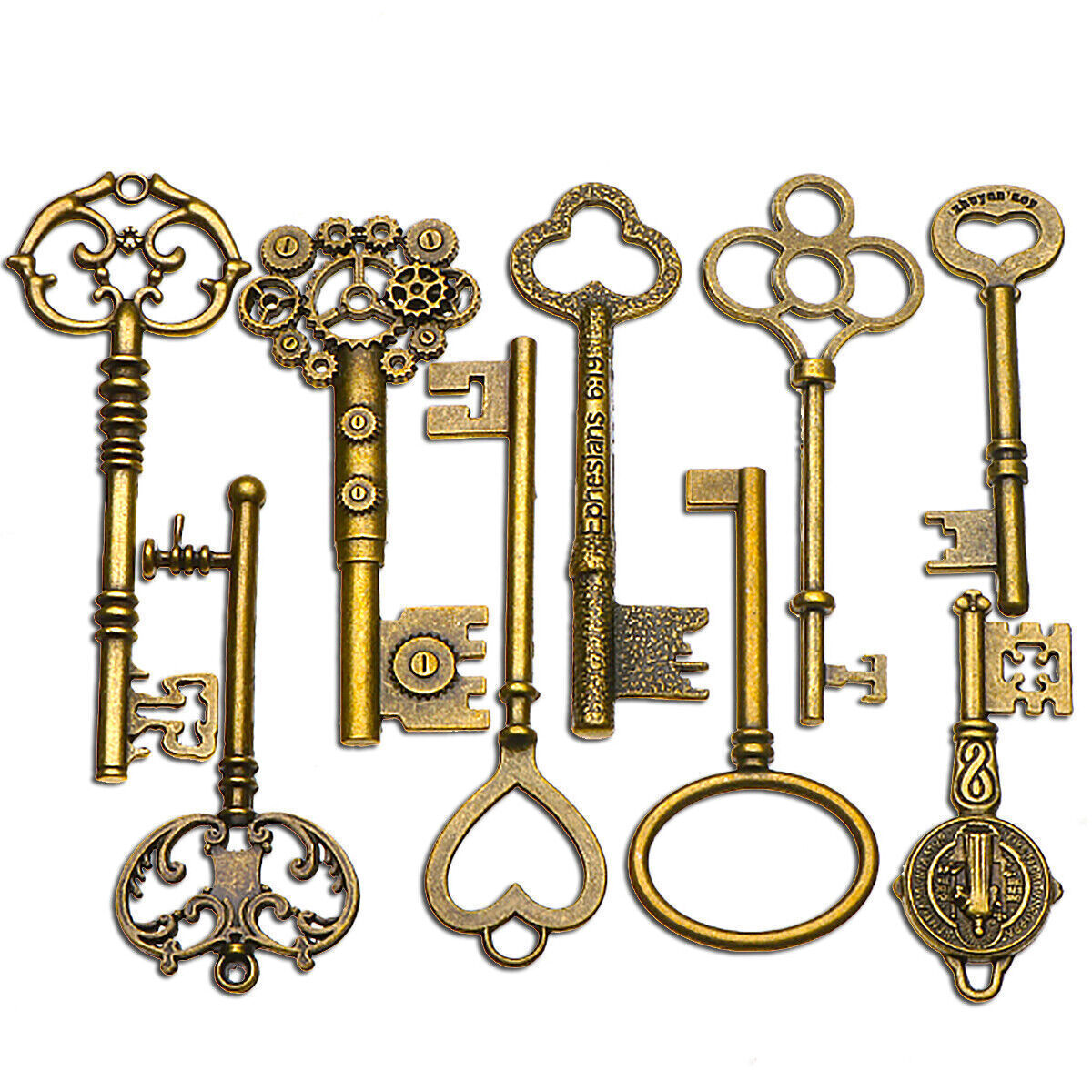 9X Antique Vintage Keys BIG Large old Brass Skeleton Lot Cabinet Barrel Lock