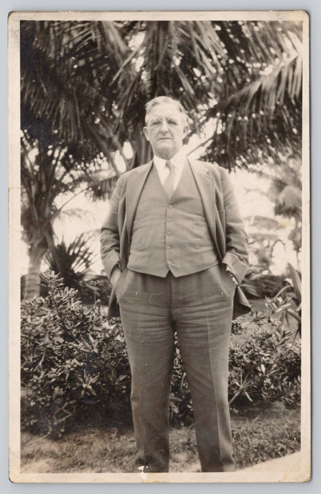 Postcard Vintage RPPC Older Gentleman Suit Tie Hands in Pockets By Palm Trees