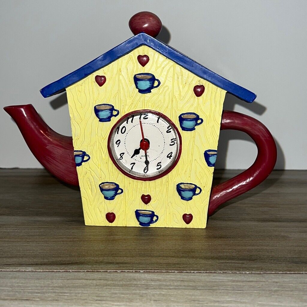 Teapot Shaped House Quartz Tabletop Ceramic Clock Yellow/Blue