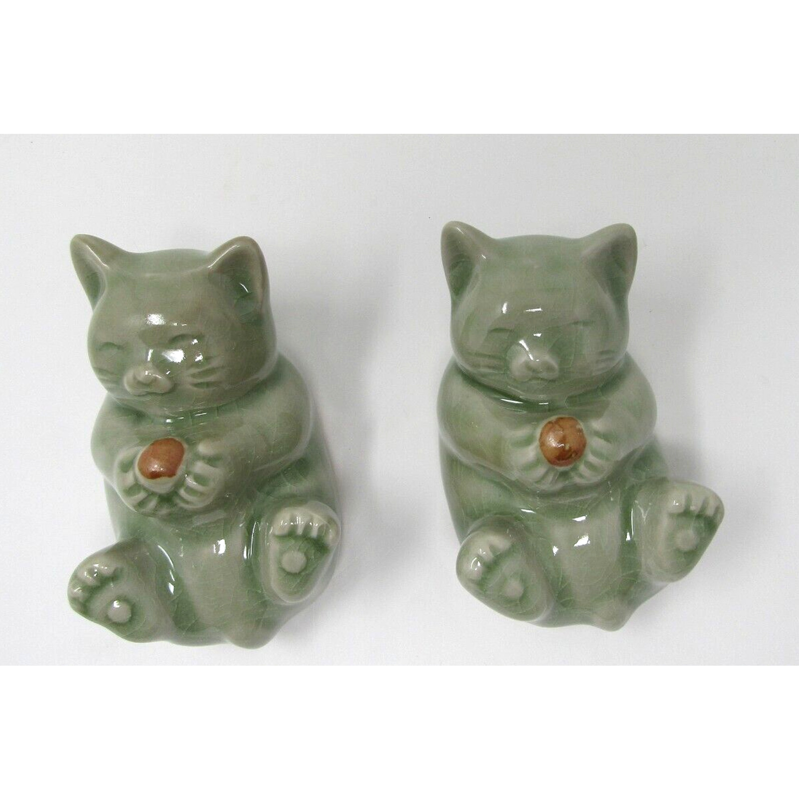 Vintage Celadon Green Pottery Cat Kittens x2
