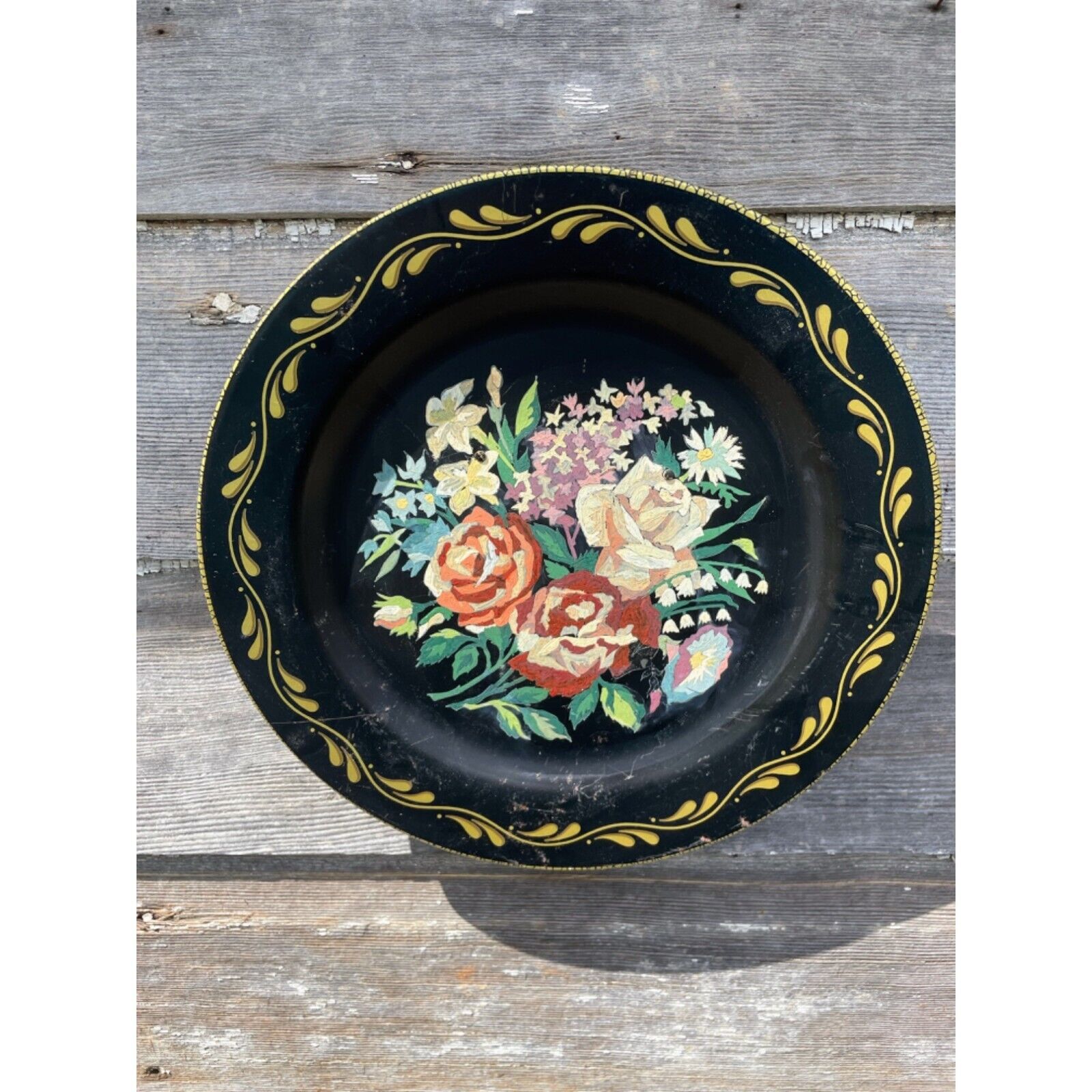 Antique 1930s Metal Toleware Hand Painted wall Plate Roses Flowers