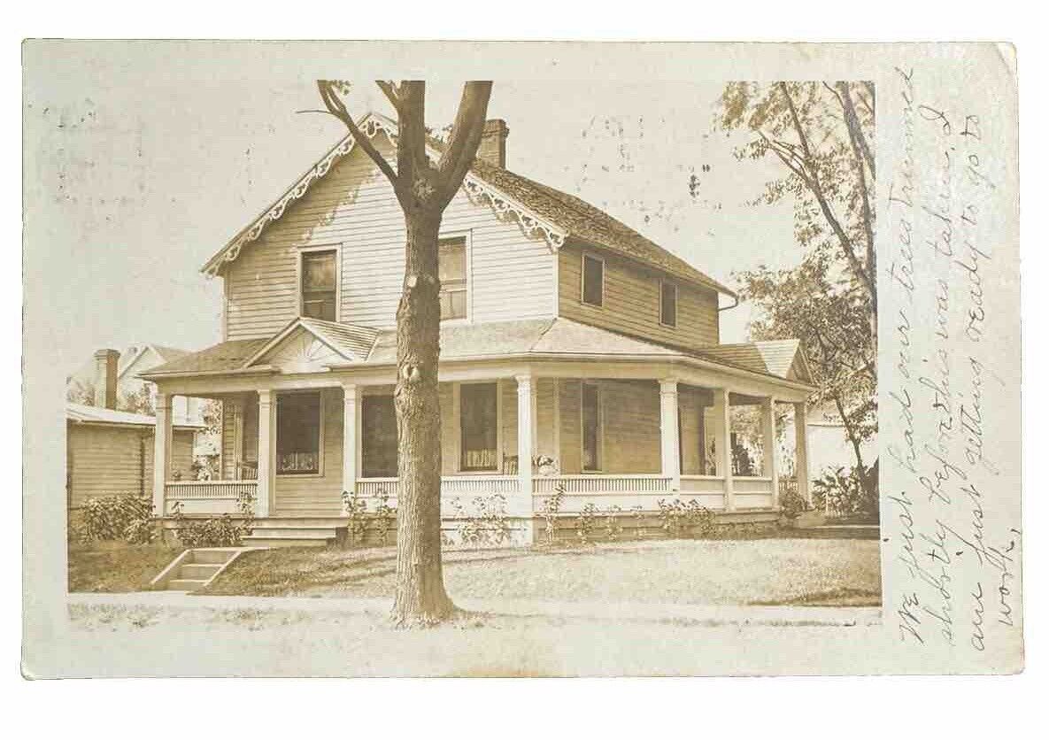 RPPC House KENTON OHIO OH  Real Photo Post Card 1908 Large Porch Gingerbread