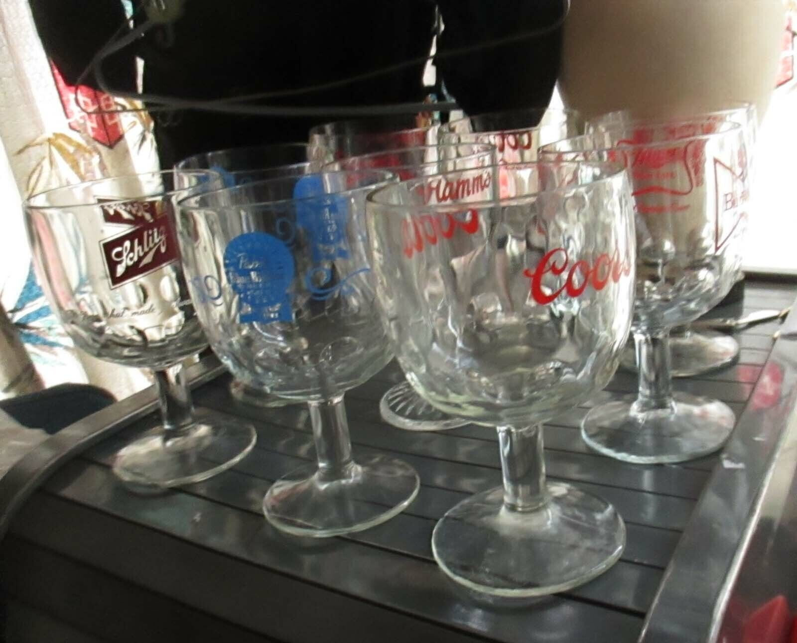 Lot 9 Vtg BEER GLASS GOBLETS HAMMS SCHLITZ COORS PABST BUDWEISER barware