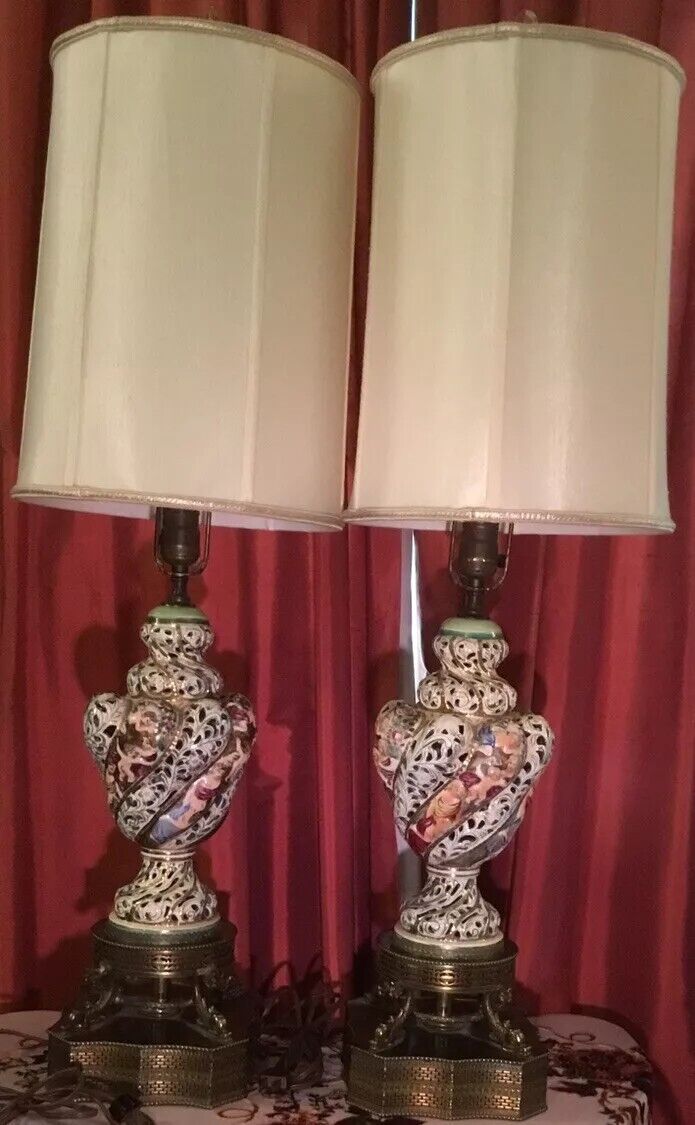 ANTIQUE Vintage PAIR Tall Multicolor Porcelain Lamps w/ Silk Shades