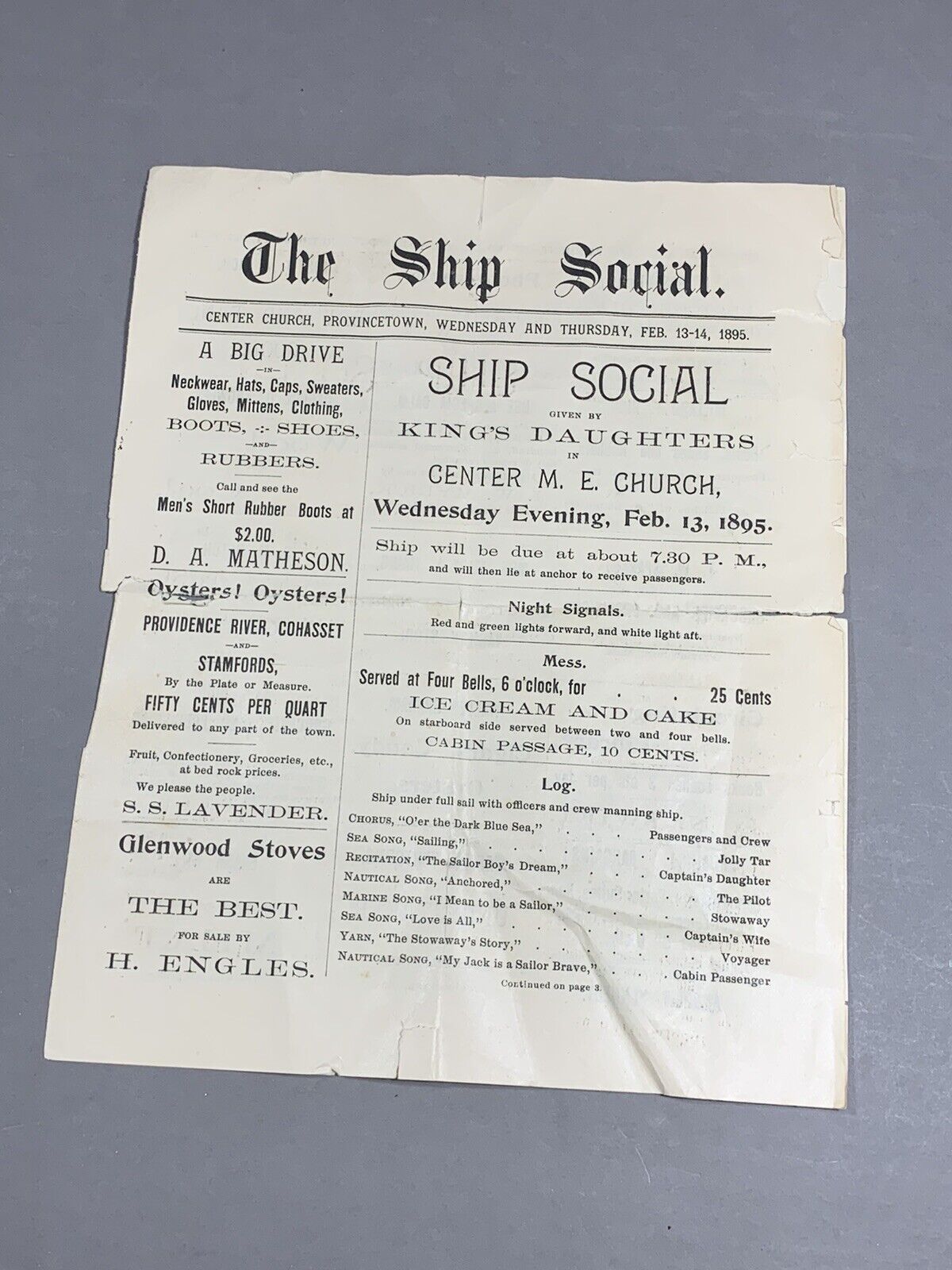 Antique 1895 Provincetown, Massachusetts The Ship Social Program Paper History