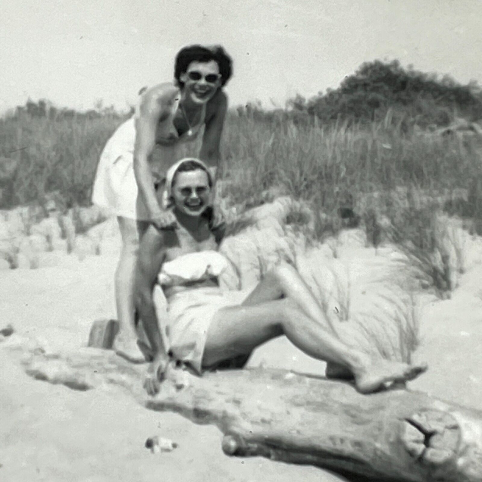 Q6 Photograph Pretty Women Beach Log Sunglasses Laughing Touching Playing