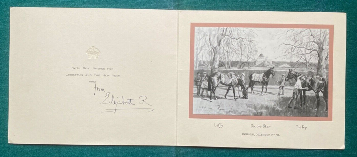 Antique Signed Royal Horse Race Christmas Card Queen Elizabeth Queen Mother 1962