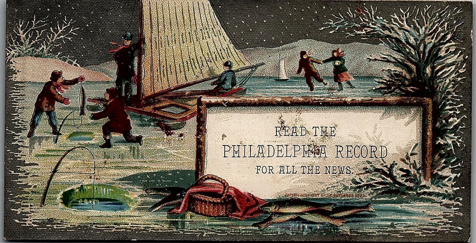 1880s PHILADELPHIA RECORD ICE FISHING SKATING WINTER BOATING TRADE CARD 25-222