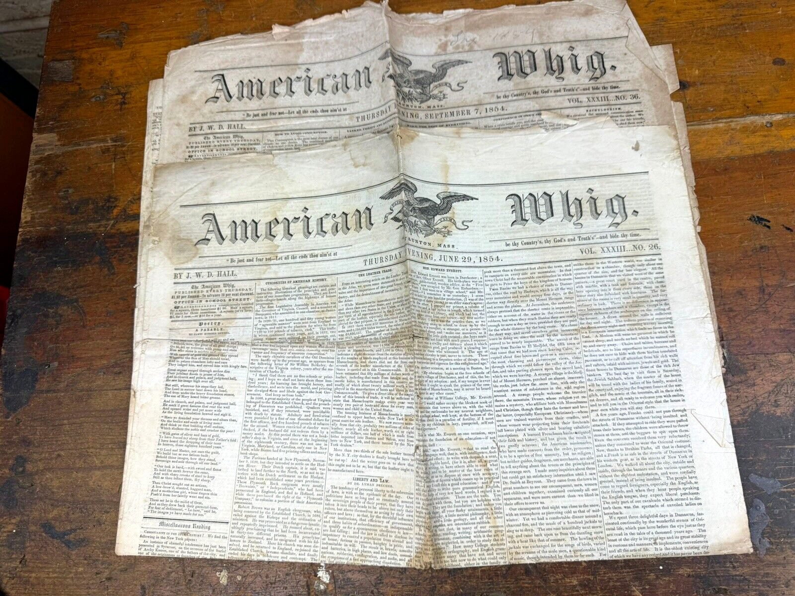 2 1854 American Whig Newspapers Taunton, MA ~ Town Tax List, Advertisements