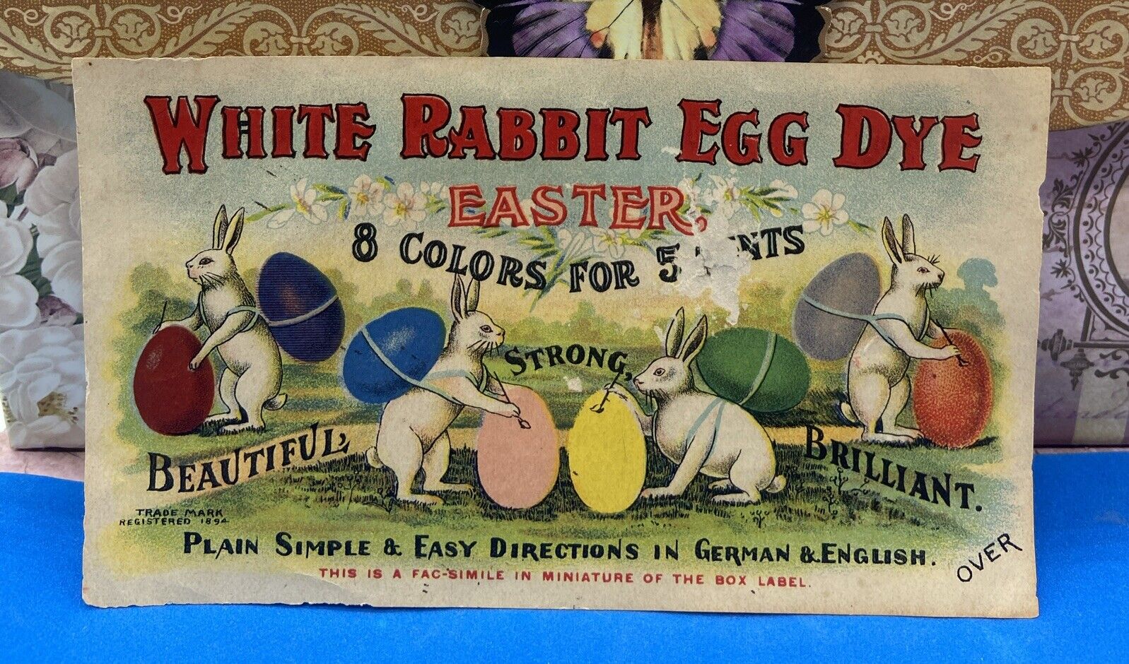 WHITE RABBIT EGG DYE ANTIQUE 1890'S ADVERTISING PAPER TRADE CARD