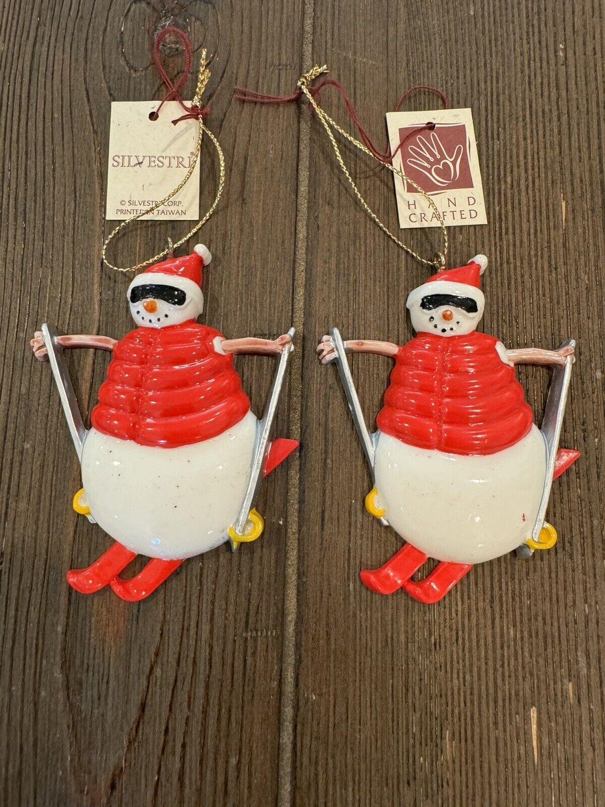 Vintage Silverstri Snowman Skiing Ornaments Lot Of 2 Hand Crafted  4”